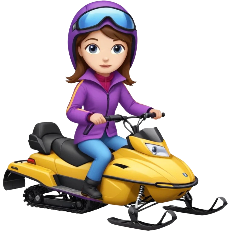 Brown hair, very blue eyes, Woman wearing red coat  on purple and yellow striped snowmobile emoji