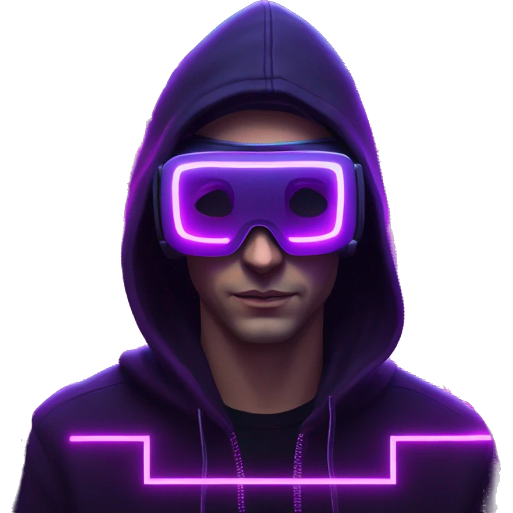 Russian man wearing a black hoodie with "OMG" letters on it and VR headset in a cyberpunk VR environment with violet neon lighting. emoji