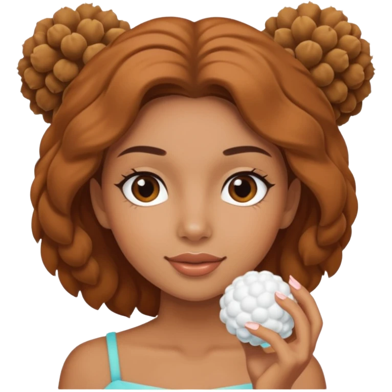 Carmel girl with two puff balls doing skincare emoji
