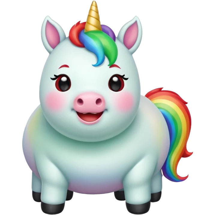 Small chubby unicorn in colours of jade green, black and red eyes, farting rainbow emoji
