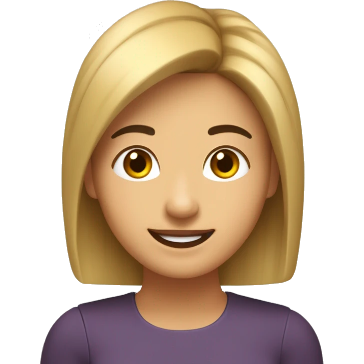 Mujer caucásica, melena castaña a la altura del hombro, flequillo recto, ojos castaños, sonriente, con hoyuelos emoji
