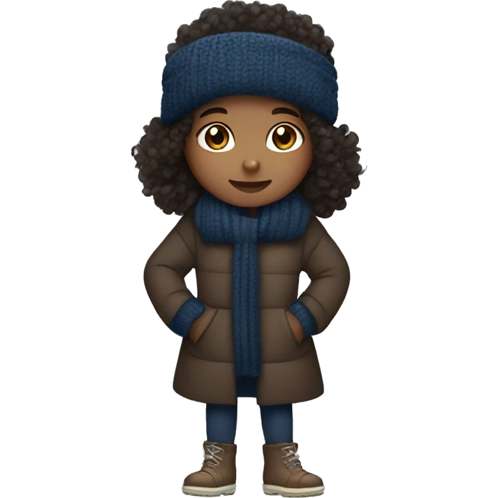 winter, christmas, hispanic, afro hair,  girl, brown eyes, child, full body, dark blue winter sweater, coat, headband emoji