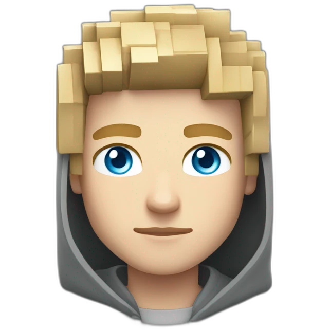young blond man with gray-blue eyes dressed in a gray minecraft hoodie emoji