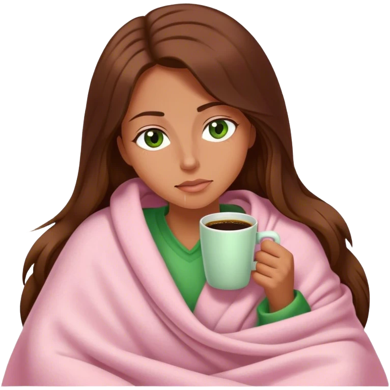 woman with very long brown hair and green eyes in a light pink blanket sleepy with coffee emoji