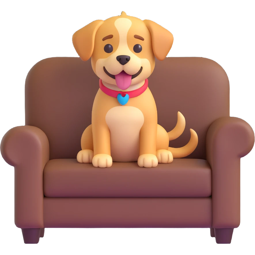 a dog sitting on a couch, 3D emoji style emoji