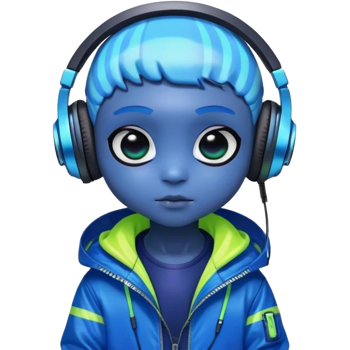 Kunka is a chibi alien with human features. His dark-blue skin shimmers with neon highlights, and his large black eyes radiate curiosity. He wears oversized neon headphones and a dark-blue windbreaker with cyberpunk stripes and a vibrant lining, exuding cool charm. emoji