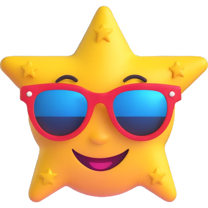 smiling face with star-shaped sunglasses, funky and bold like Bootsy Collins emoji