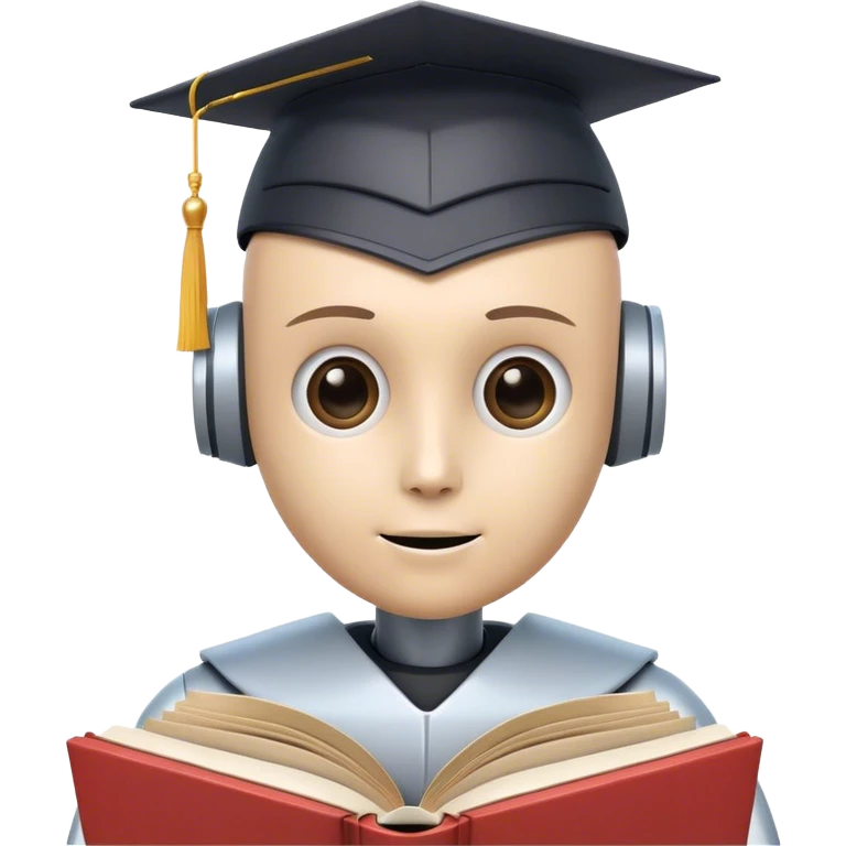 Ai  robot reading a big book with graduation head emoji