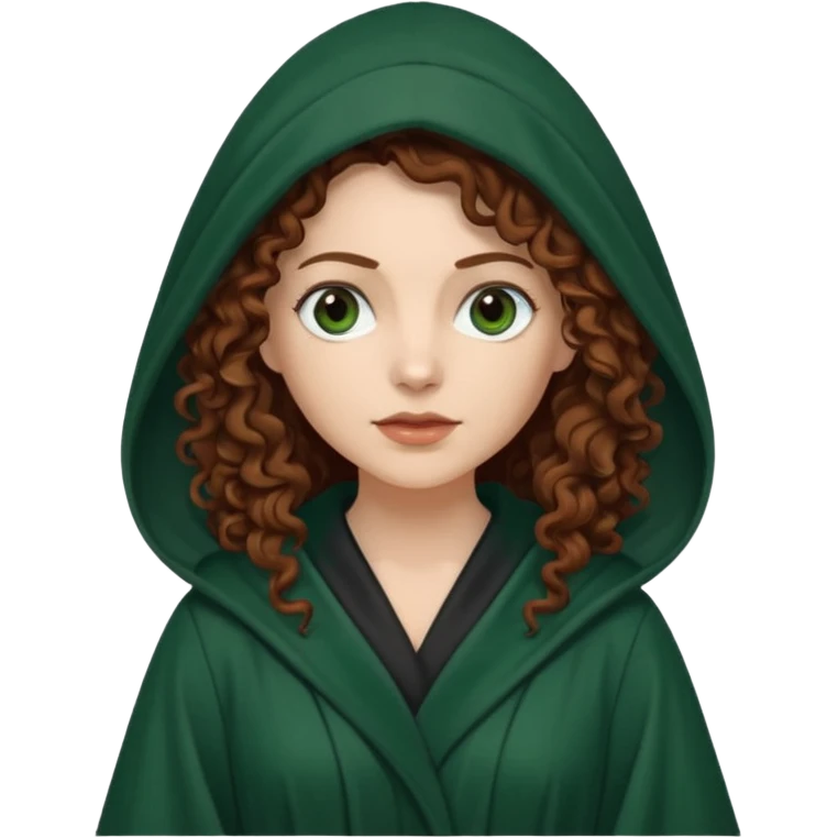 A white woman with long dark auburn hair robed and hooded like she's a Traitor in the tv show The Traitors. her hair is curly and the robe is a dark dark green emoji