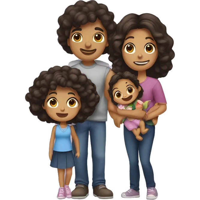 A family of 5, all have dark brown hair. A mom a d a  emoji