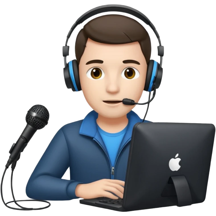 Man with headphones and microphone with computer. Operator emoji