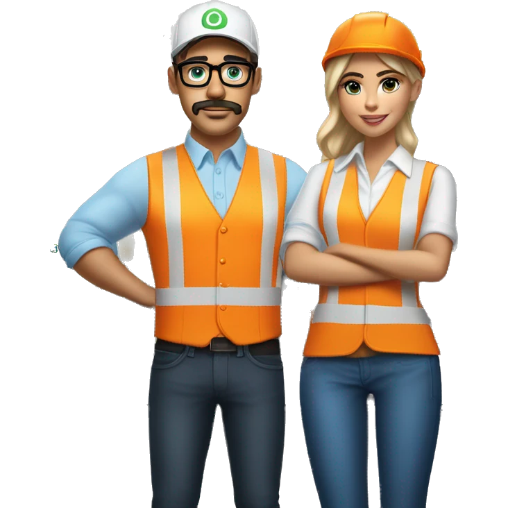 (madison beer as barista) standing next to (handsome blonde man, mustache, blue/green eyes, glasses, wearing white hard hat , orange safety vest, blue shirt) emoji