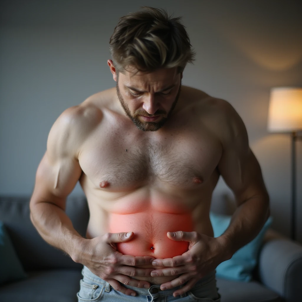 realistic man with abdominal bloating, suffering face, hands on abdomen, hyperrealistic 4K details, domestic or clinical environment, atmosphere suggesting intestinal discomfort emoji