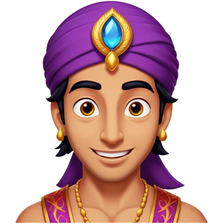 Cinematic Realistic Aladdin Portrait, head tilted dramatically with an exaggeratedly amused expression, featuring vibrant eyes and a slight, roguish grin. His detailed attire and subtle magical accents are brought to life with dynamic lighting and vivid textures, capturing a rare, playful burst of humor from a daring street-wise adventurer. emoji