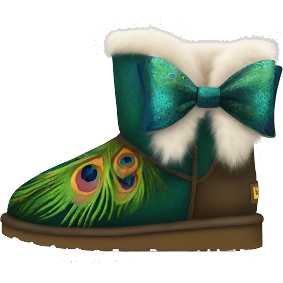 Realistic pair of ugg fur boot with a peacock pattern and bow on them. emoji