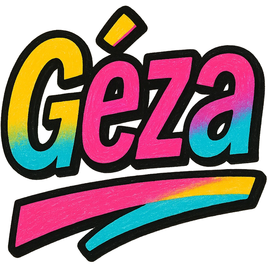 modern colorful gradient typography of the name 'Géza' with dark outline, dynamic slanted or partial underline, in the style of reference patterns emoji