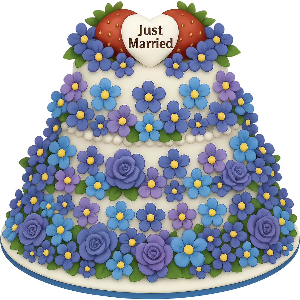 Replace the pink and white flowers with blue and purple flowers on the white wedding cake with strawberries and 'Just Married' topper. The style should resemble emoji style with no background. emoji