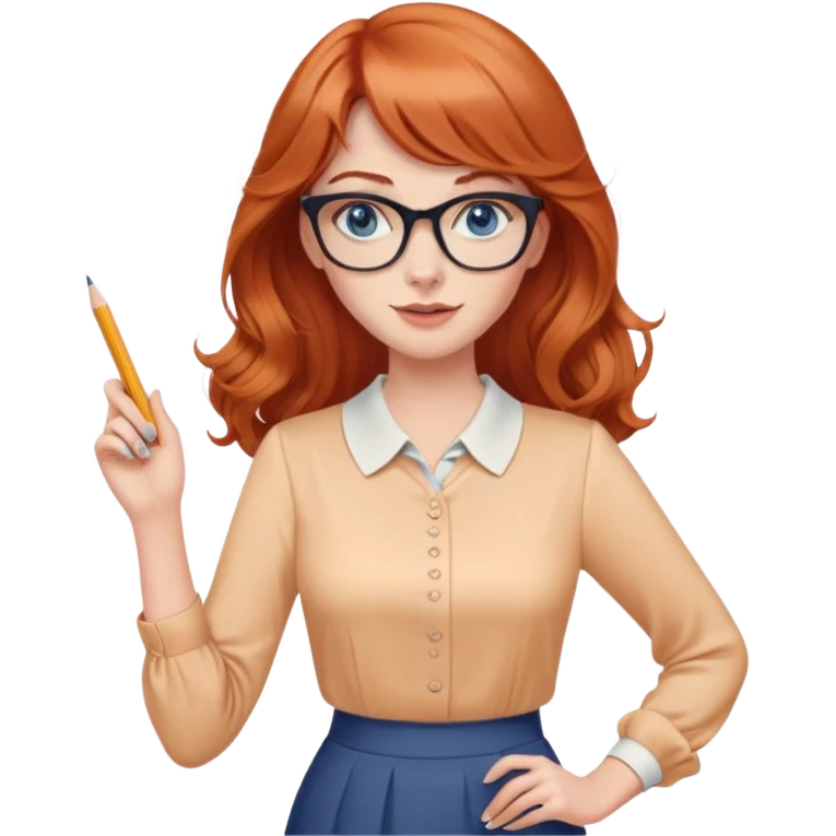 redheaded woman with long wavy hair and bangs, blue eyes, cat-eye glasses, pencil skirt, apricot blouse, holding a pencil, waving emoji