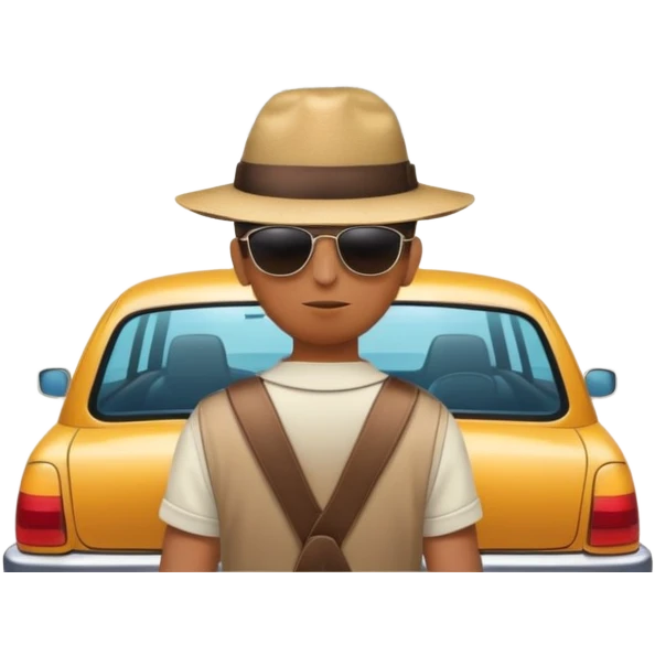 a person outside of a parked car facing his back. looking at the open long road with mountains at the fondo  emoji