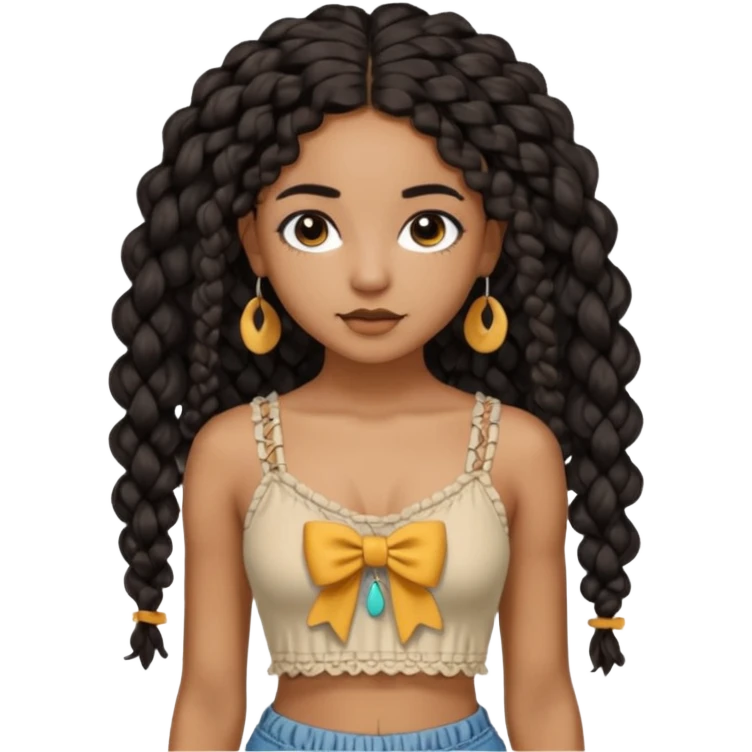 Girl with long black hair curly knotless boho braids mixed girl crop top with a bow on the crop top emoji