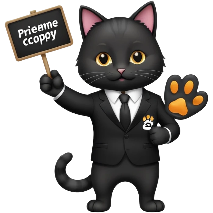 A cat in a black business suit holds a sign with the inscription "PrimeCopy" with one paw and shows a like with the other paw emoji