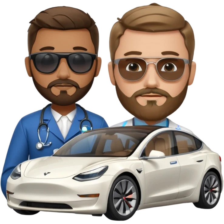 White tesla model 3 with a cool physician with dark blond hair, beard and dark sunglasses next to it emoji