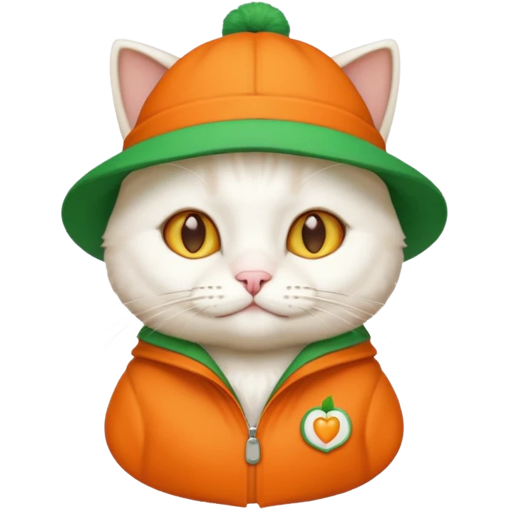 white cat with orange coat and green hat that says 'I'm cat', emoji style variation 1 emoji