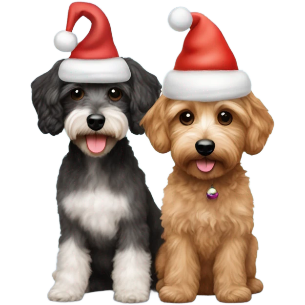 Schnoodle and cavapoo with Christmas hats emoji
