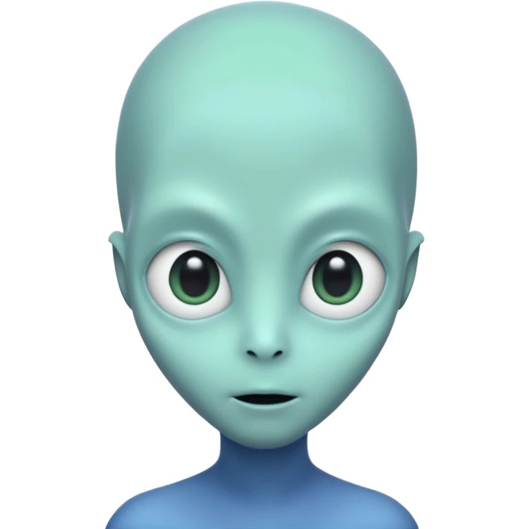 Portrait of an alien with smooth greenish-blue skin, large black oval eyes, small nose, and no visible ears, elongated head, front-facing, wearing t-shirt, soft glow, simple futuristic design emoji