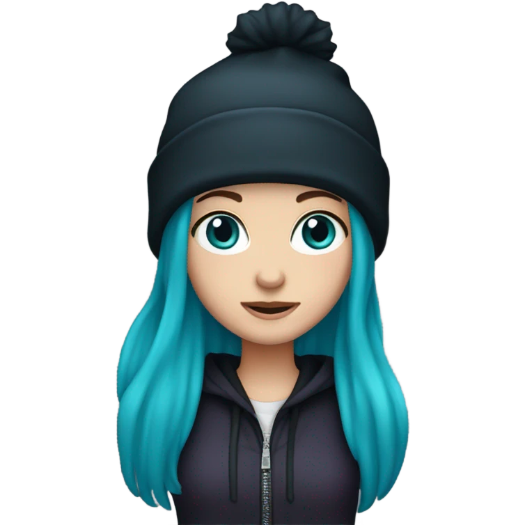 White girl, blue eyes, long teal hair, purple beanie hat, black hoodie, blue jeans, black shoes emoji