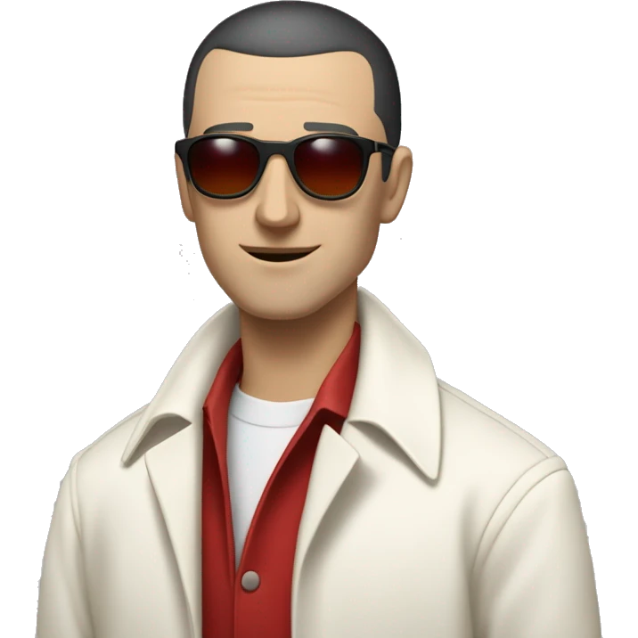 <excerpt>
A white man with real buzz cut Black hair, short mutton shops donning small red tinted sun glasses in a dirty white trench coat, is serious.
</excerpt> emoji