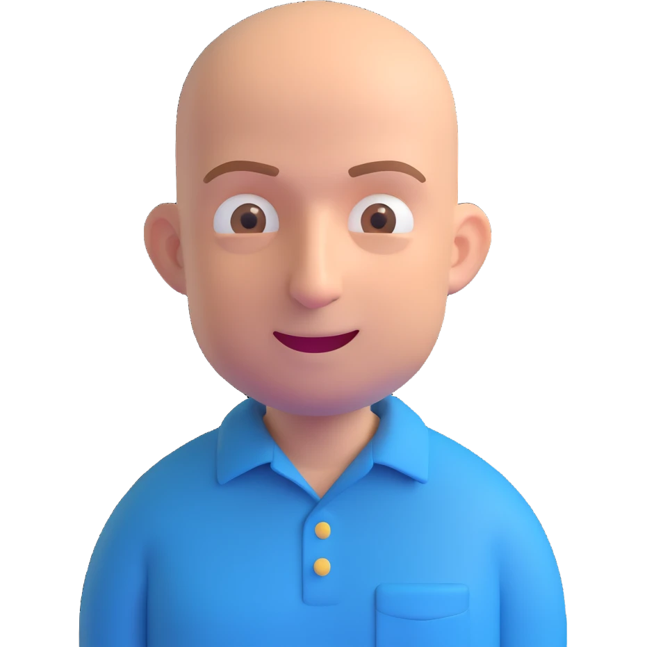 Jeff Bezos in 3D emoji style, wearing a blue shirt, bald, friendly face emoji