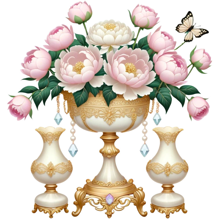 A romantic baroque-style vanity display featuring an intricate golden candelabrum, an embroidered ivory lace fan, and a crystal vase filled with white peonies and pastel pink roses, with pearl butterflies adding a whimsical touch.
 emoji