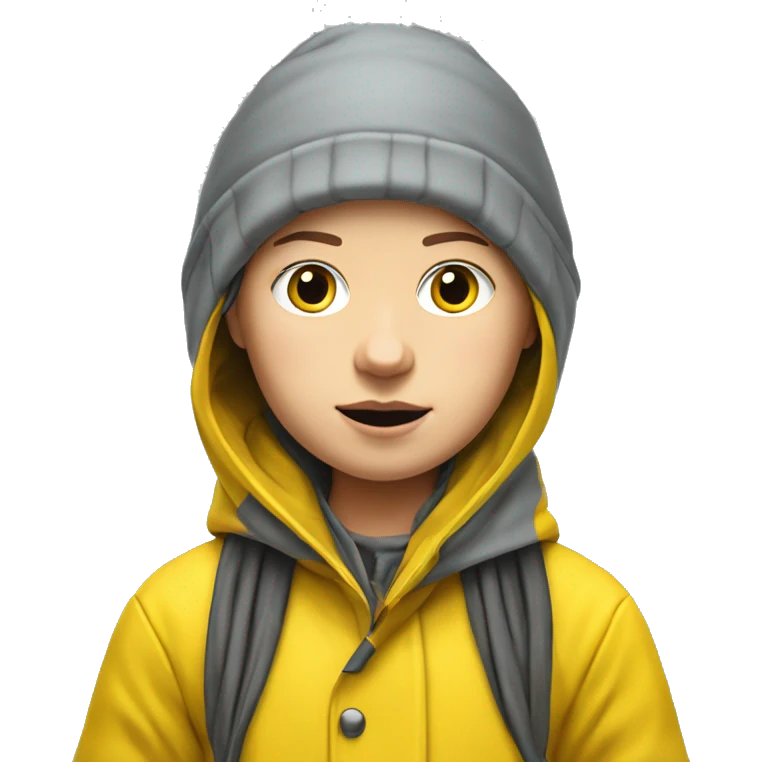 Greta Thunberg with a yellow raincoat and grey beenie, with demonstration sign emoji