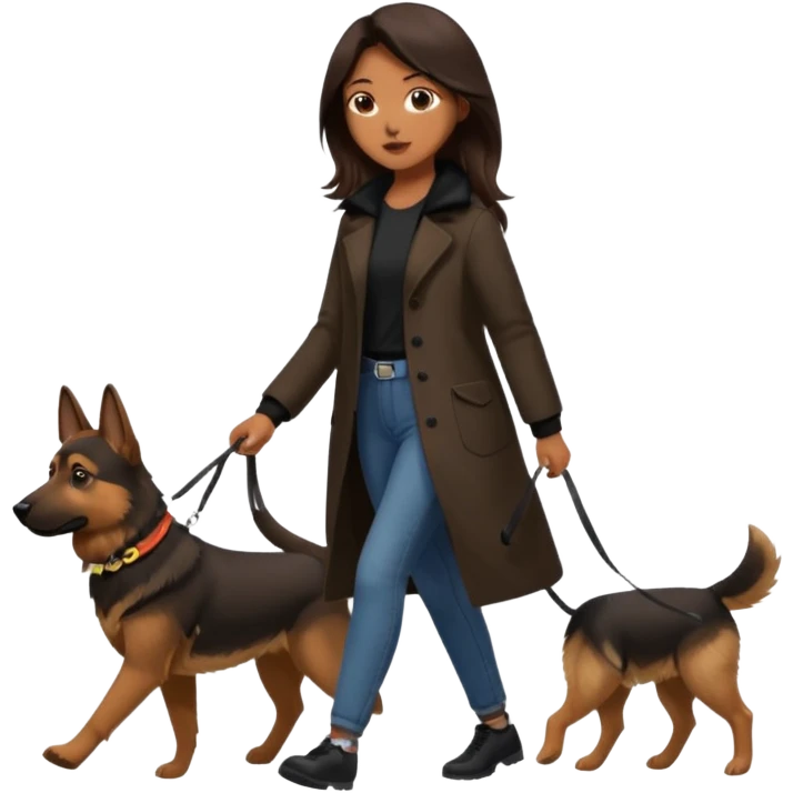 a girl with a brown dark long long hair, she's walking her dog is a german shepard. And girl's outfit is very aesthetic emoji