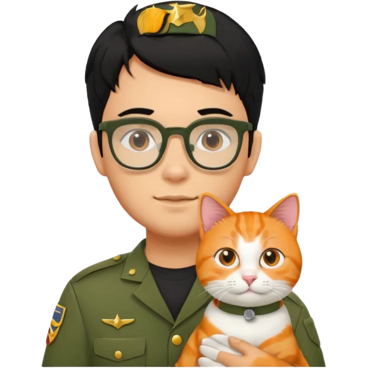 Veterinario hombre trigueño con lentes, con cabello negro, y con uniforme veterinario color verde militar cargando un gato naranja emoji
