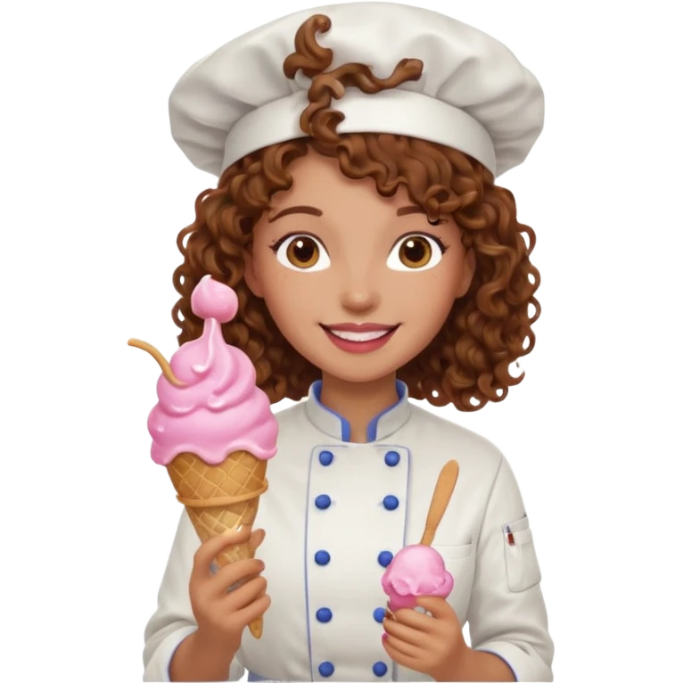 woman brown curly hair, chef, eating pink ice cream emoji