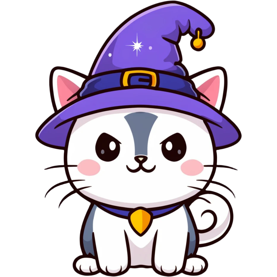 cute magical cat with wizard hat and sparkles emoji