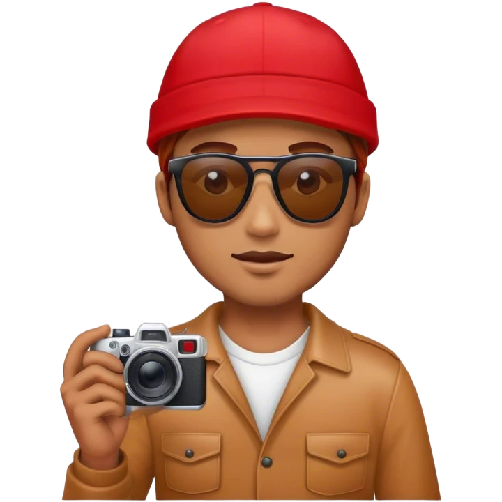 Hombre de color caramelo con gorra roja, gafas y una camara emoji