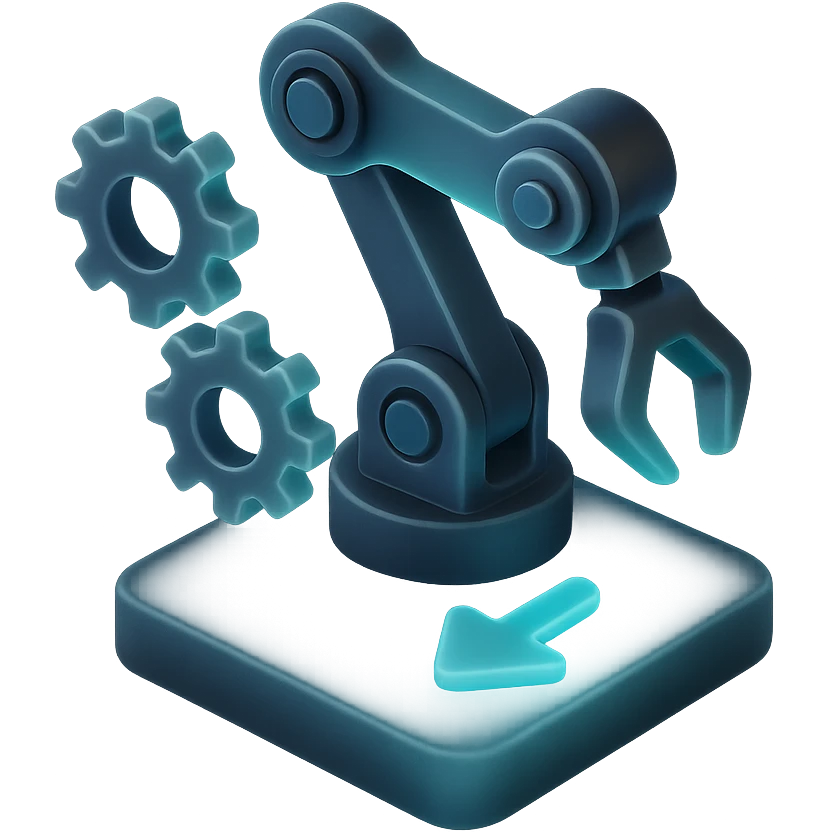 robotic arm with gears, automating a process, colors #3B2C85, #83fff8, #2C2828, matte glass style emoji