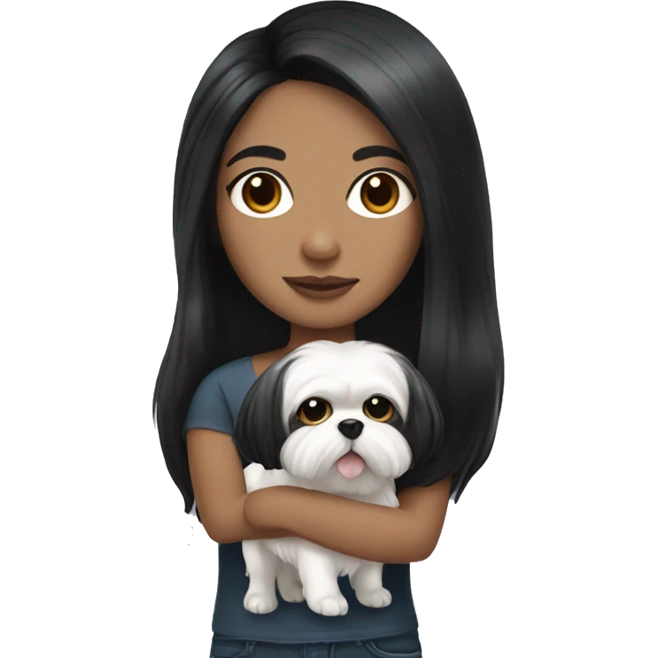 Colombian girl with long black hair, holding a white shih Tzu with black ears emoji