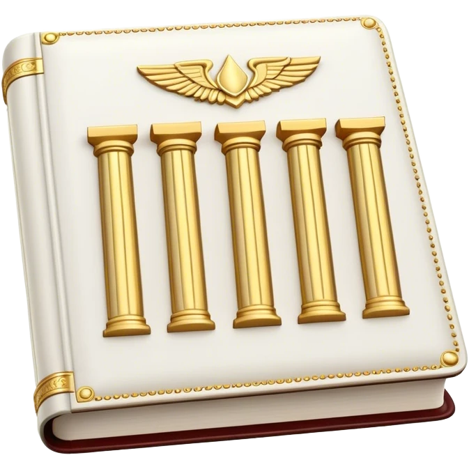 A white leather book with golden accents, smooth and polished, embossed with a symbol of six pillars columns,, radiating strength, confidence, and the power of self-worth.  emoji