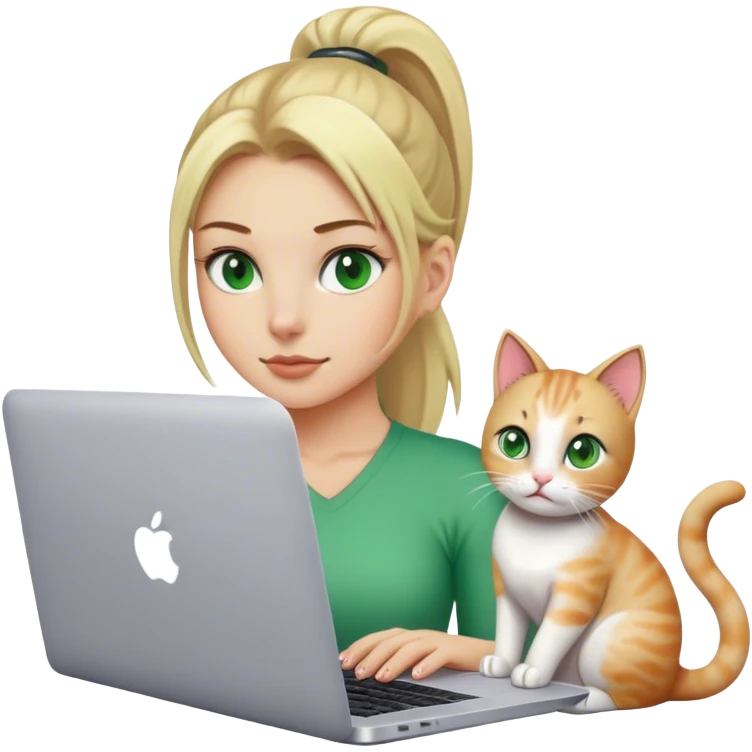Blonde woman ponytail green eyes with cat and MacBook emoji