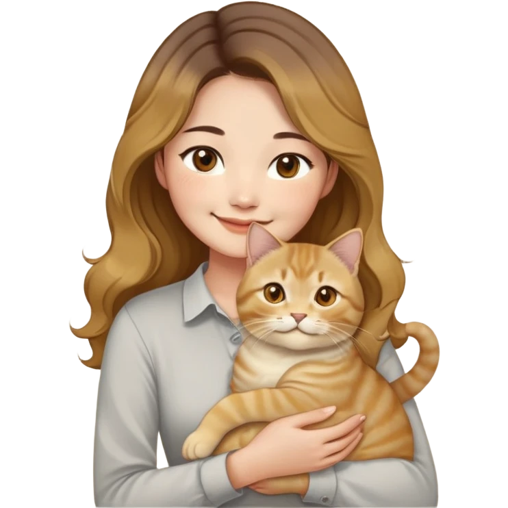 an Asian woman with long wavy hair, brown base with golden highlights. She is smiling gently and wearing a light-colored shirt. She is holding a golden shaded British Shorthair cat (BY23 color) in her arms. The cat looks fluffy and has round golden eyes.  emoji