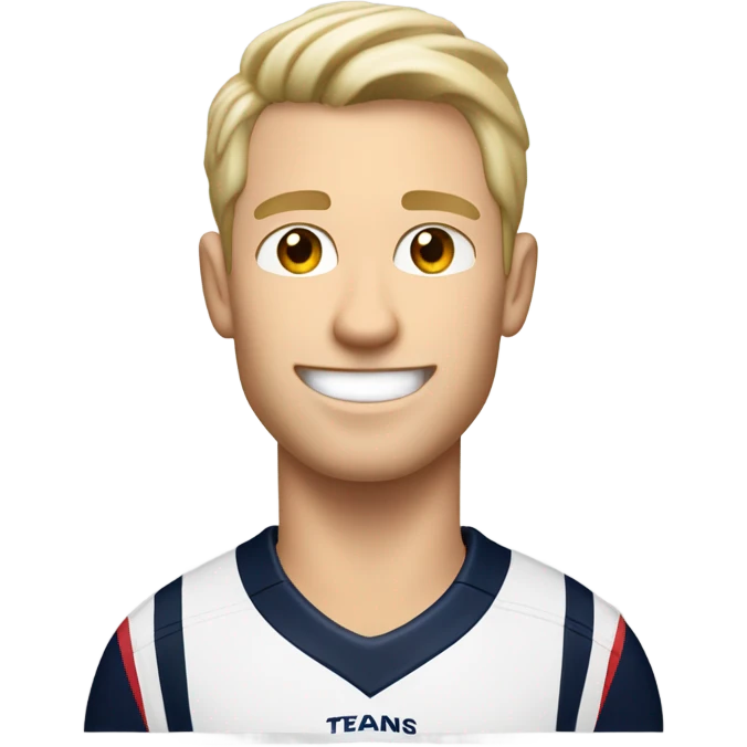 Skinny Caucasian male blonde combed over hair smiling wearing a Houston Texans polo emoji