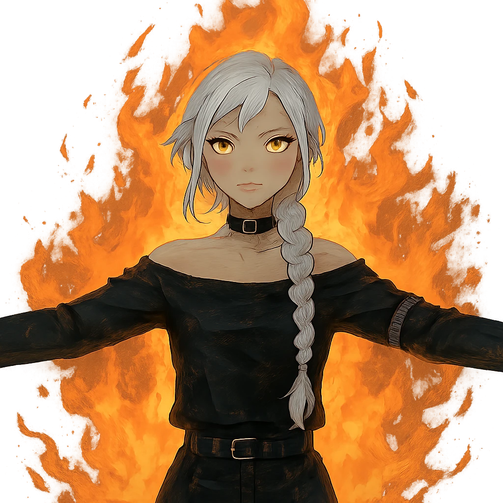  young woman with gold yellow eyes, white hair, long braid, black off-shoulder top, punk gothic style, futuristic cyberwave cyberpunk,, she is calmly t-posing in front of a raging fire emoji