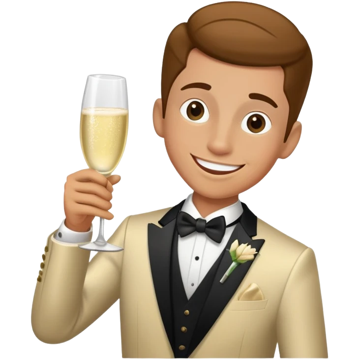 Wedding crasher character in fancy clothes trying to blend in at a wedding reception, holding champagne glass, goofy smile emoji