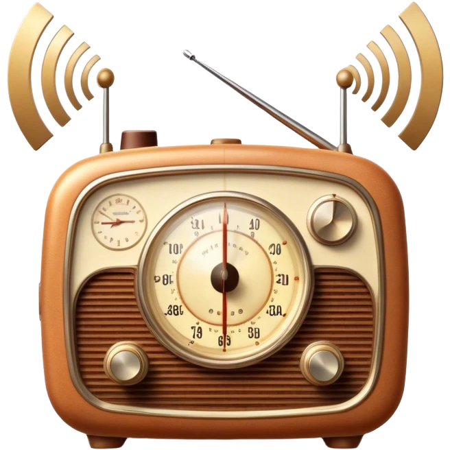 A photorealistic icon featuring an old-fashioned radio with a vintage dial, radio waves emanating from it, and a warm, glowing light. The design includes detailed textures, soft lighting, and nostalgic elements, symbolizing the love for radio broadcasting and music. Transparent background. emoji