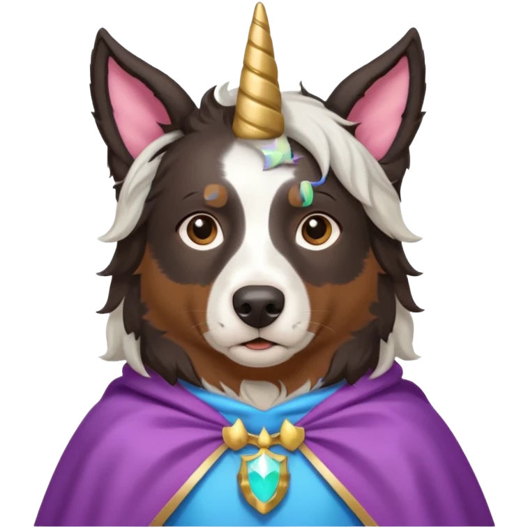 A daar autralian sheperd with a unicorn horn and a cape emoji