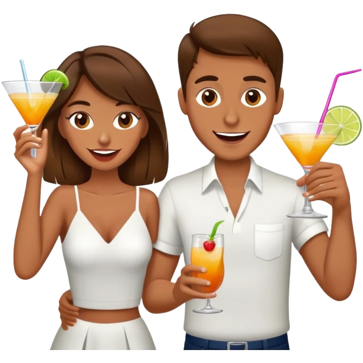 couple situacion brown hair drinking cocktail and dancing, crazy face emoji